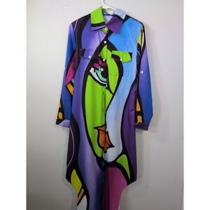 Oops Lovely Multicolor Abstract Face Print Long‎ Sleeve Loose Thin Maxi Dress S